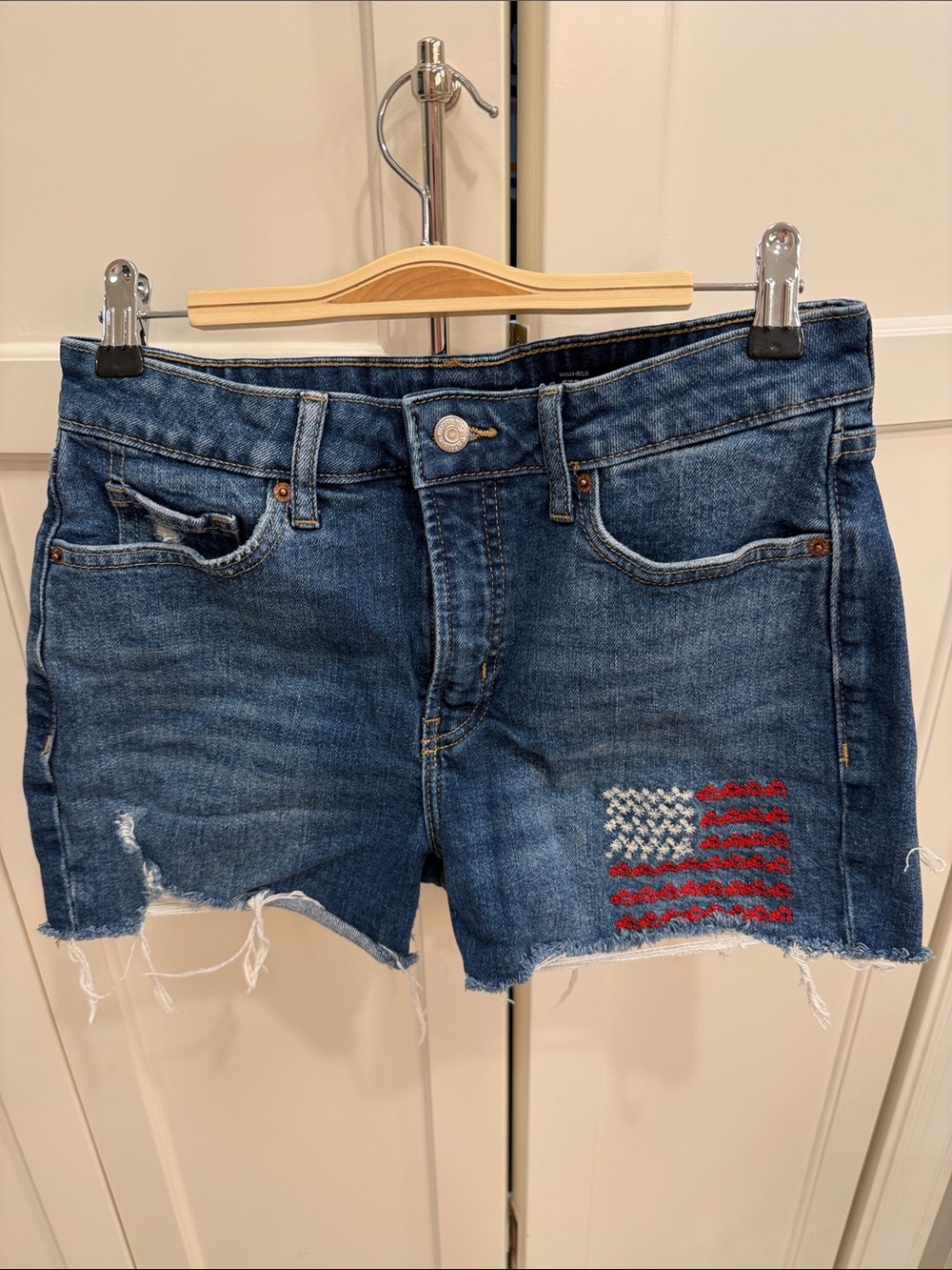 Old Navy Blue Denim Women's Cutoff Shorts with Flag Embroidery